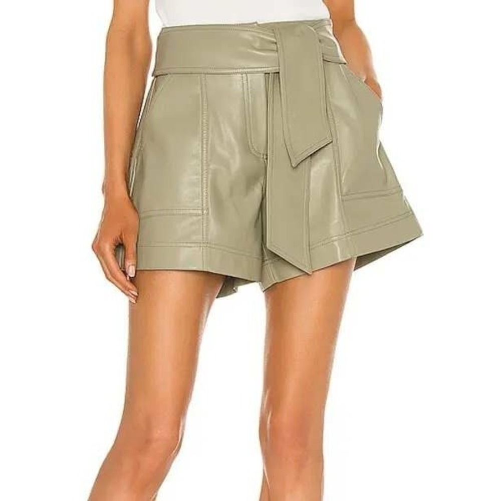 Jonathan Simkhai Mari Vegan Leather Tie Waist Shorts Sage Green Size 0